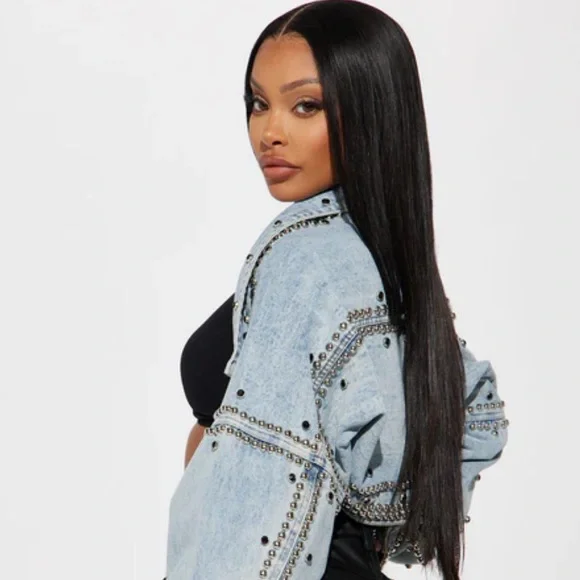 Fashion Nova Hollywood Studded Denim Jacket - Light Blue Wash - Picture 6 of 6